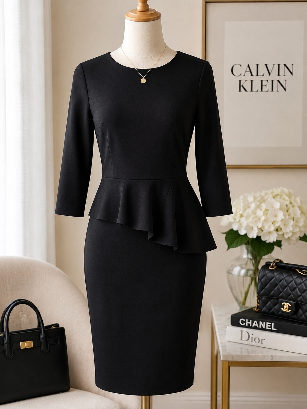 Calvin Klein Black Asymmetrical Peplum Sheath Dress Size 8